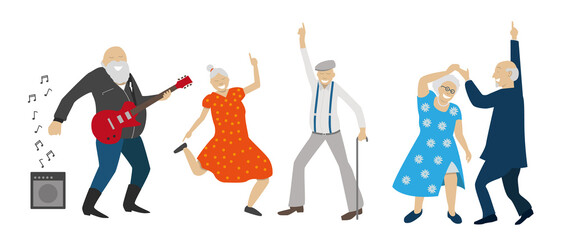 groupe de personnes âgées à la retraite qui s'amusent, qui dansent et qui font la fête. L'un d'eux joue de la guitare électrique. Illustration fun et amusante sur fond blanc - obrazy, fototapety, plakaty