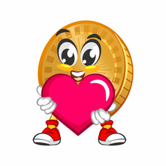 vector cartoon illustration of cute coin mascot hug pink heart