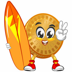 vector cartoon illustration of cute coin mascot with surfboard