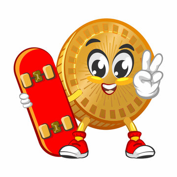 vector cartoon illustration of cute coin mascot with skateboard