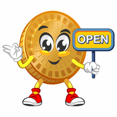 vector cartoon illustration of cute coin mascot with sigh board say open