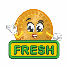 vector cartoon illustration of cute coin mascot on sigh board say fresh