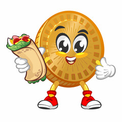 vector cartoon illustration of cute coin mascot with burrito