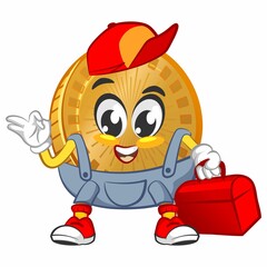 vector cartoon illustration of cute coin mascot being handyman with toolbox