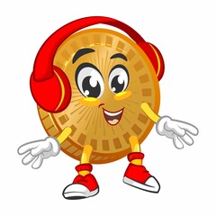vector cartoon illustration of cute coin mascot with headset