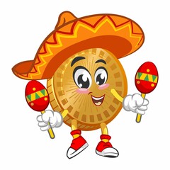 Vector mascot, cartoon and illustration of a coin wearing sombrero with playing maracas