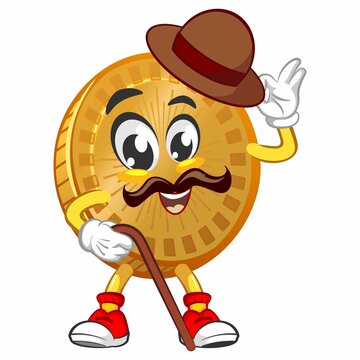 vector cartoon illustration of cute coin mascot with mustache and wearing round hat being polite 