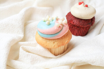 Vibrant cupcakes chocolate and red velvet with whipped vanilla cream on white background. Valentines day