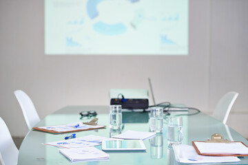 This room is ready for business. Shot of an empty boardroom.