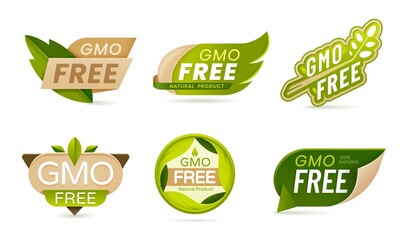 GMO free food vector icons or non genetically modified organism labels with green leaves and origami paper signs. Organic farm natural and healthy vegan meal, eco and bio product isolated symbols - obrazy, fototapety, plakaty