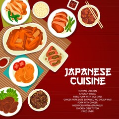 Japanese food meals and dishes menu cover. Ginger pork sote butaniku no shoga-yaki, ginger and fried pork with mustard, miso with asparagus, chicken Teriyaki and wings, giblet stew, fried liver vector