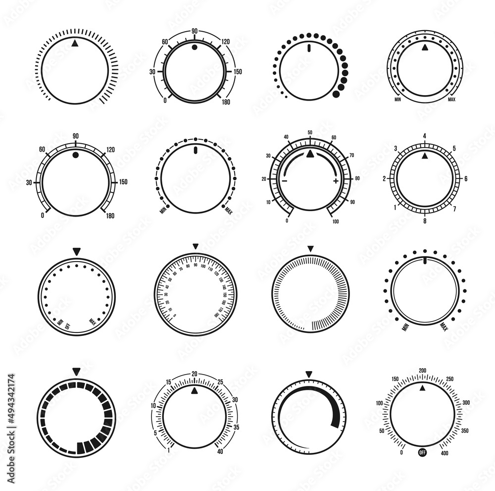 Aufkleber Volume round knob switches and music sound control interface, vector regulator dials. Linear flat volume level buttons for music player app or sound aux tuner UI, min and max switch knob circles