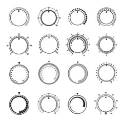 Volume round knob switches and music sound control interface, vector regulator dials. Linear flat volume level buttons for music player app or sound aux tuner UI, min and max switch knob circles