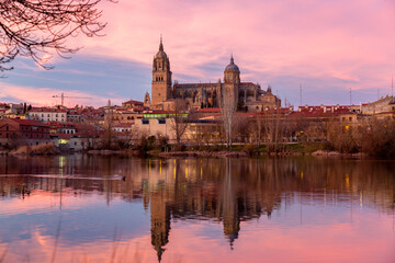 Fototapeta na wymiar Salamanca Skyline view with Cathedral and Enrique Estevan Bridge on Tormes River, Spain