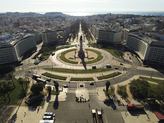 Aerial view of the Marquis of Pombal Square and statue and downtown surroundings in Lisbon, Portugal