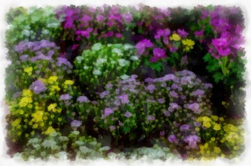 Many colorful plants and flowers in the plant shop watercolor style illustration impressionist painting.