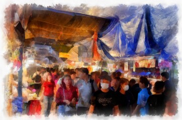 Landscape of the Walking Market at night during the holidays watercolor style illustration impressionist painting.