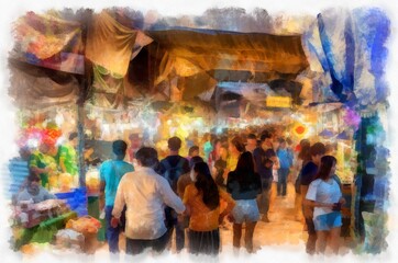 Landscape of the Walking Market at night during the holidays watercolor style illustration impressionist painting.
