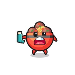 meatball bowl mascot having asthma while holding the inhaler