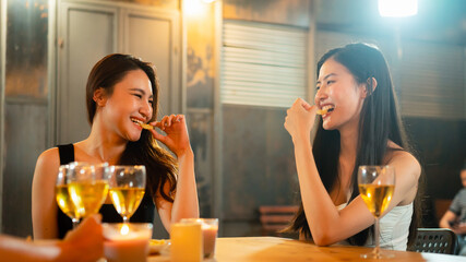 At a night party with only girls at the party including lesbian couples dinner together The concept of homosexual couples, LGBT lesbians