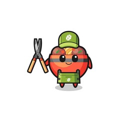 cute meatball bowl as gardener mascot