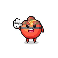 meatball bowl character doing stop gesture