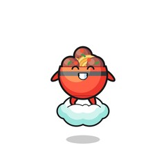 cute meatball bowl illustration riding a floating cloud