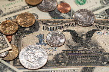Black Eagle banknote from United States of America with coins and paper money