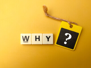 The adjective letter why or the word why and the question mark icon on yellow background.