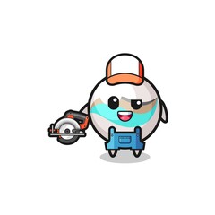 Fototapeta premium the woodworker marble toy mascot holding a circular saw