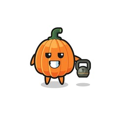 pumpkin mascot lifting kettlebell in the gym