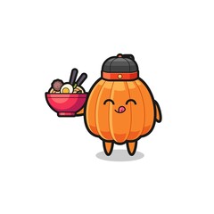 pumpkin as Chinese chef mascot holding a noodle bowl