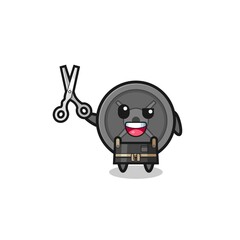 barbell plate character as barbershop mascot