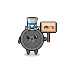 Fototapeta premium barbell plate cartoon as uncle Sam holding the banner I want you