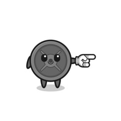 barbell plate mascot with pointing right gesture