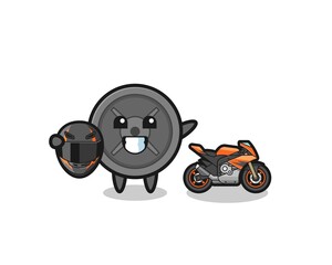 cute barbell plate cartoon as a motorcycle racer