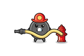barbell plate cartoon as firefighter mascot with water hose