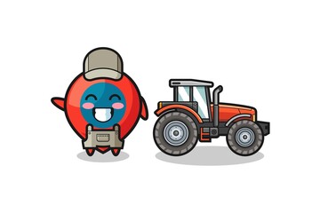 the location symbol farmer mascot standing beside a tractor