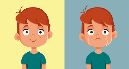 Little Boy Expressing Joy and Sadness Vector Cartoon Illustration