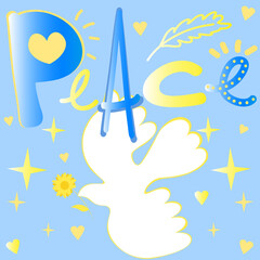 The dove of peace brings good news about the end of the war. Colors of the Ukrainian flag. A postcard with the inscription "peace"