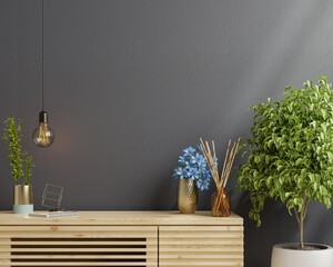 Wooden cabinet mockup in modern empty room,dark wall.