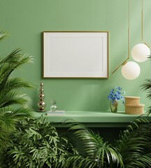Mock up poster frame on the green shelf with beautiful plants. - obrazy, fototapety, plakaty
