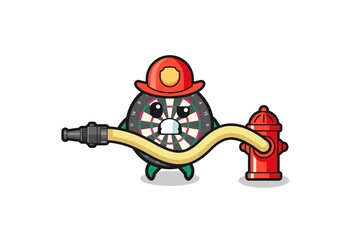 dart board cartoon as firefighter mascot with water hose