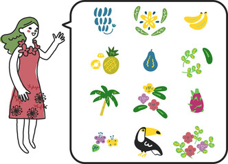 南国のフルーツや花、鳥を説明する少女　セット　イラスト素材


