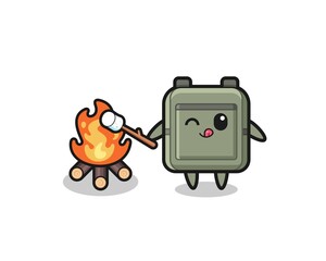 school bag character is burning marshmallow