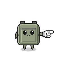 school bag mascot with pointing right gesture