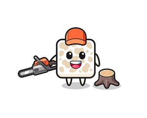 tempeh lumberjack character holding a chainsaw