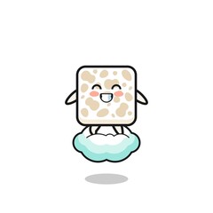 cute tempeh illustration riding a floating cloud