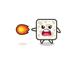 cute tempeh mascot is shooting fire power