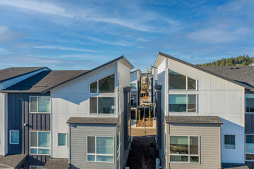 Angled roofs of a modern house structure.